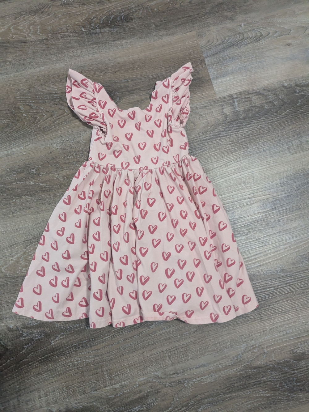 Girls Pink Heart Print Ruffle Sleeve Dress 4T